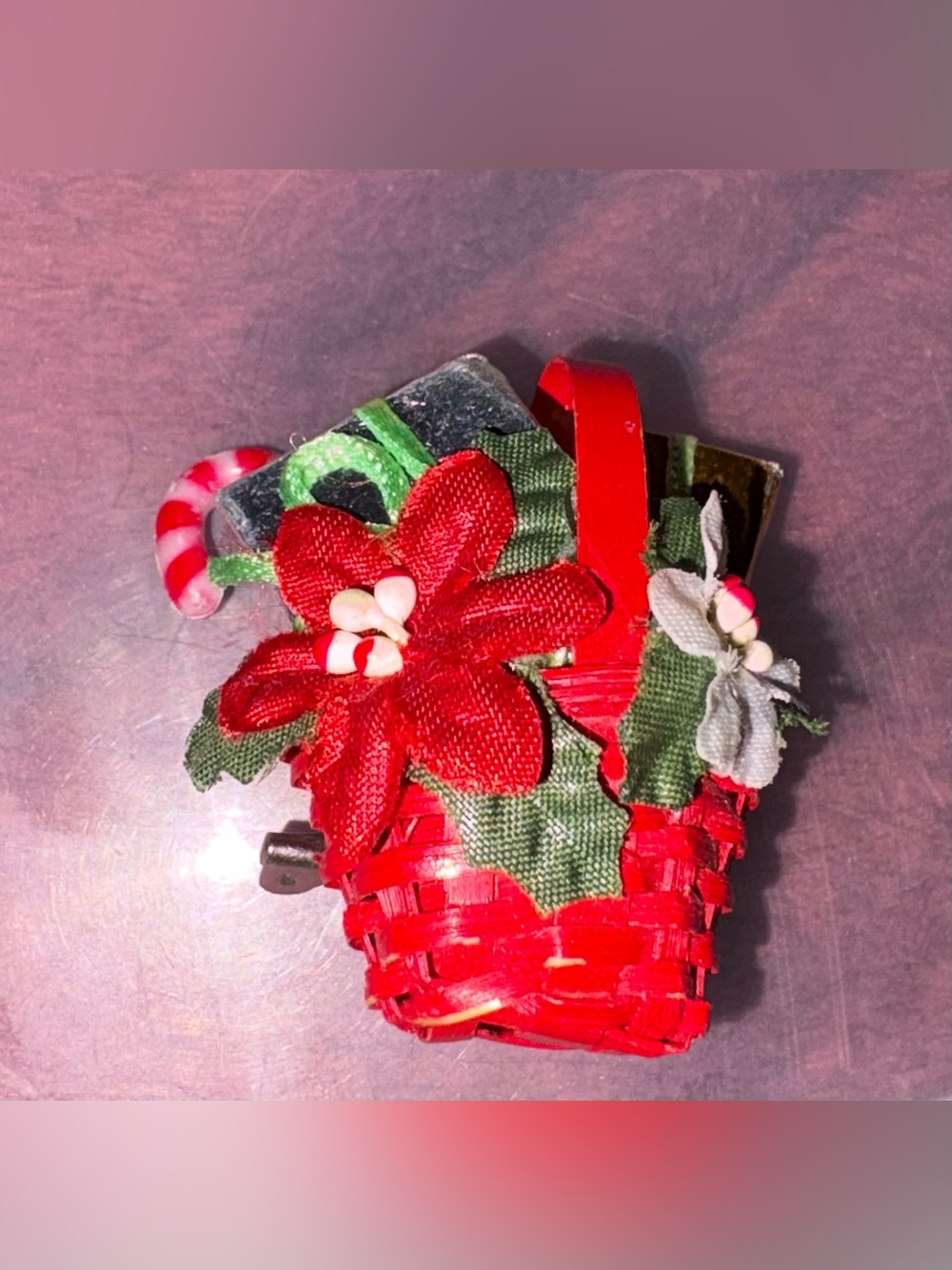 Vintage Festive Red Poinsettia Mini Basket Brooch